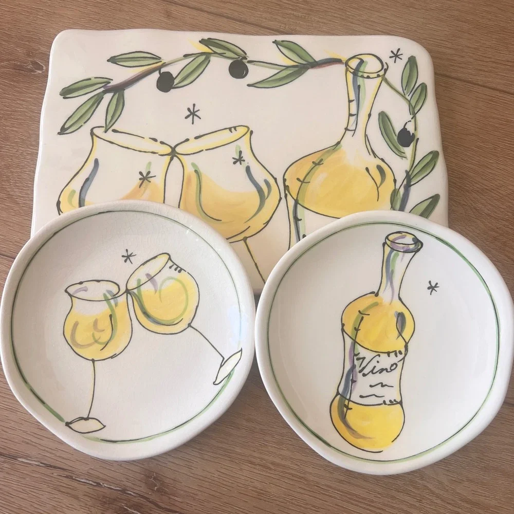 Vtg‎ Julia Junkin Hand Painted Ceramic Wine Olive Appetizer Set Plates 3pc